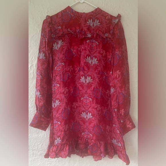 Zara Woman Red Floral Pattern Ruffled, High Neck Long-Sleeve Mini Dress; size M - Picture 1 of 9